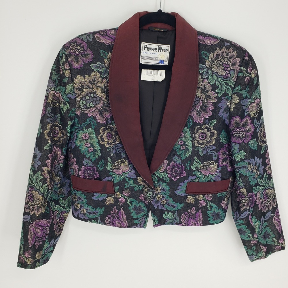 Vintage 80s Pioneer Wear Floral Metallic Brocade Cropped Blazer Jacket Women 12